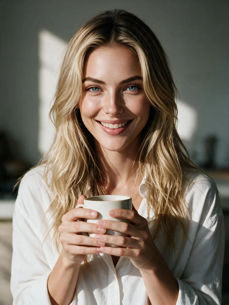 Portrait of Sadie smiling at the camera, both hands around a cream mug of coffee in morning light